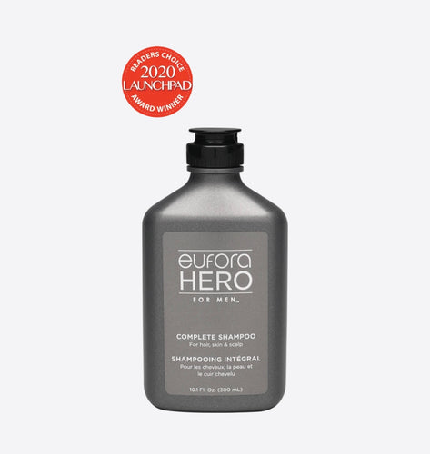 Eufora Hero Complete Shampoo. Concentrated luxury hair and body shampoo. Soothes irritation, strengthens, and conditions hair and scalp for optimal hair growth. Ideal for fine and thinning hair.