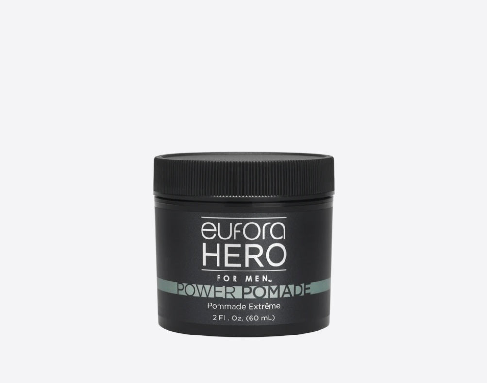 Eufora Hero for Men Power Pomade. Delivers shine and a firm, powerful hold without crunch or greasiness. Lightweight, water-soluble formula makes it easy to wash from hands and hair. Will not clog follicles. Provides wear-in treatment benefits.