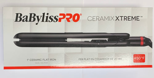 Babyliss Pro Flat Iron. One inch ceramic floating plates, dual voltage, has on/off button, heats up to 450 degrees F. Features temperature control and a 8 foot cord that swivels to avoid the cord from tangling.   Ceramic is a natural source of far-infrared heat that provides superb styling results.