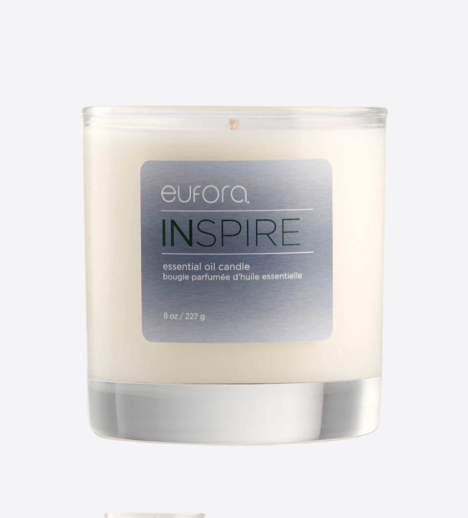 Eufora Inspire Candle. Transform a room with this uplifting citrus scent, embellished with a hint of mint for a renewed sense of wellbeing.   Masterfully crafted to conjure up the scent of a mood. luxuriously indulgent pure essential oil blends. Perfectly balanced in a natural wax blend of coconut and soy. Hand-poured. Ignited by a cotton wick that ensures a clean burn up to 50 hours of total burn time. 