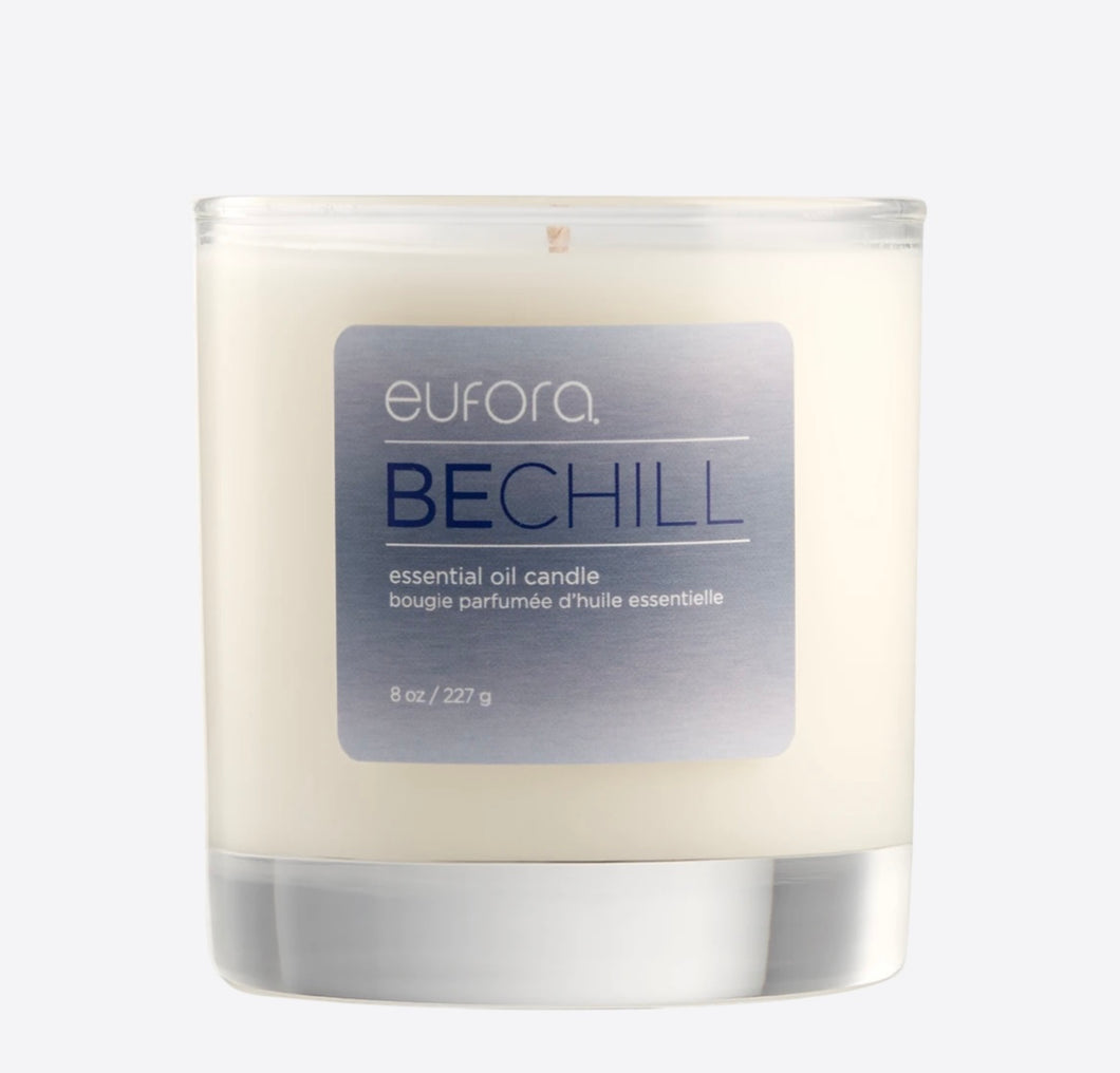 Eufora Be Chill Candle. Infuse the air with hints of vanilla and clove leaf for a soothing attitude adjustment.  Masterfully crafted to conjure up the scent of a mood. Luxurious indulgent pure essential oil blends. Perfectly balanced in a natural wax blend of coconut and soy.  Hand-poured. Ignited by a cotton wick that ensures a clean burn. Up to 50 hours of total burn time. 