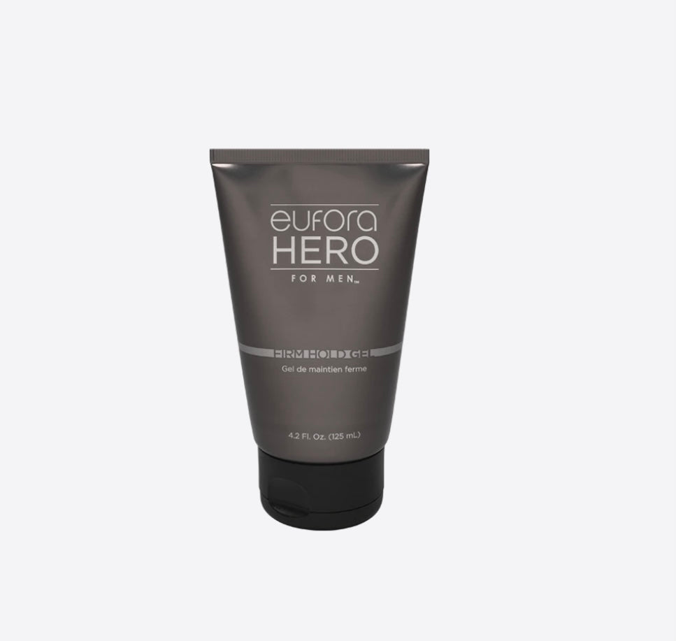 Eufora Hero For Men firm hold gel. Strong hold styling gel that delivers maximum hold and shine. Lightweight, water-soluble formula makes it easy to wash from hands and hair. Will not clog follicles.