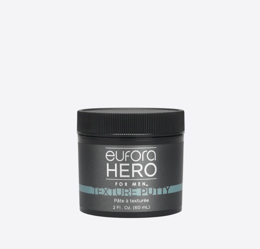 Eufora Hero for Men Texture putty with strong and pliable hold. Super strong matte finish without crunch. Lightweight, water soluble formula makes it easy to wash from hands and hair. Will not clog follicles. Provides wear-in treatment benefits.