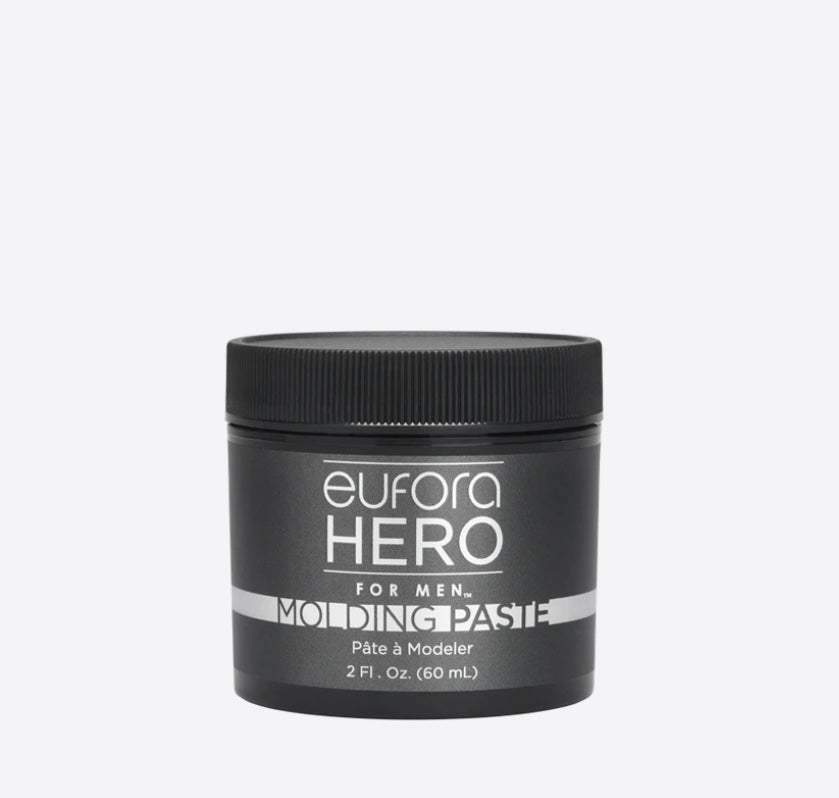 Eufora Hero for Men Molding Paste Styling Paste with pliable, medium hold and a natural finish. Lightweight, water-soluble formula makes it easy to wash from hands and hair. Won't clog follicles. provides wear-in treatment benefits. 