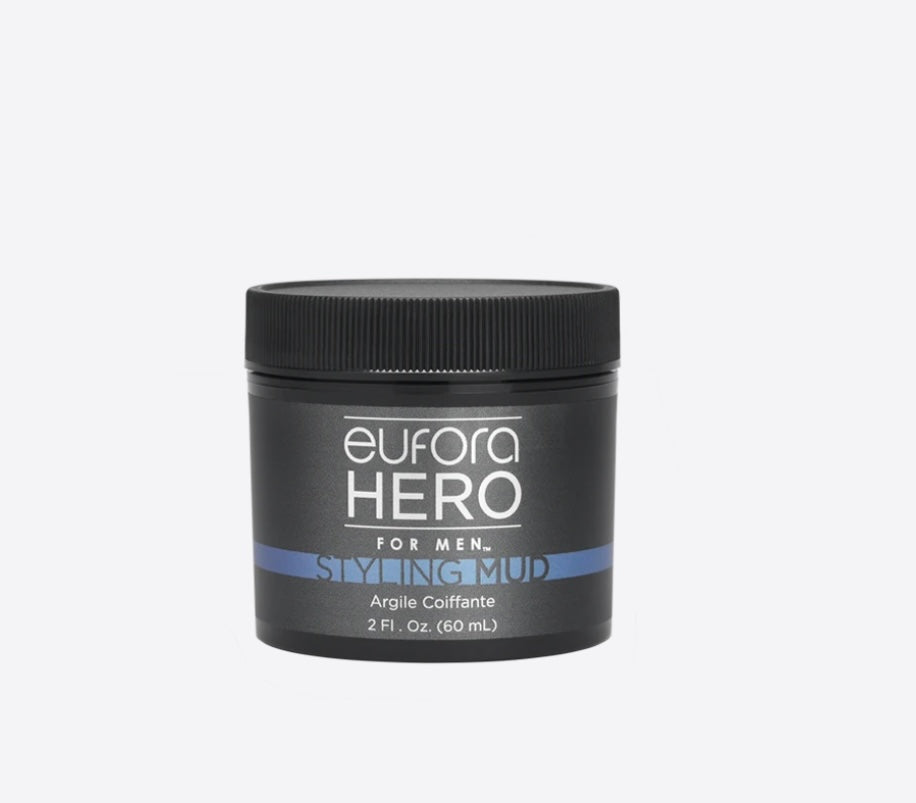 Eufora Hero for Men Styling Mud. Re-workable styling mud with long-lasting, flexible hold and medium shine. ideal for creating separation and definition. Lightweight, water-soluble formula makes it easy to wash from the hands and hair and won't clog follicles. Provides wear-in treatment benefits.
