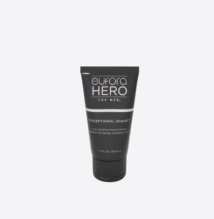 Eufora Hero for men Exceptional Shave. This ultimate 3-in-1 pH balanced shave solution. A blend of botanicals and advanced skin care science work to soothe the skin, deliver a close shave and leave the skin soft and smooth. The non-foaming formula makes marking-out detail easy on cheeks and neck.