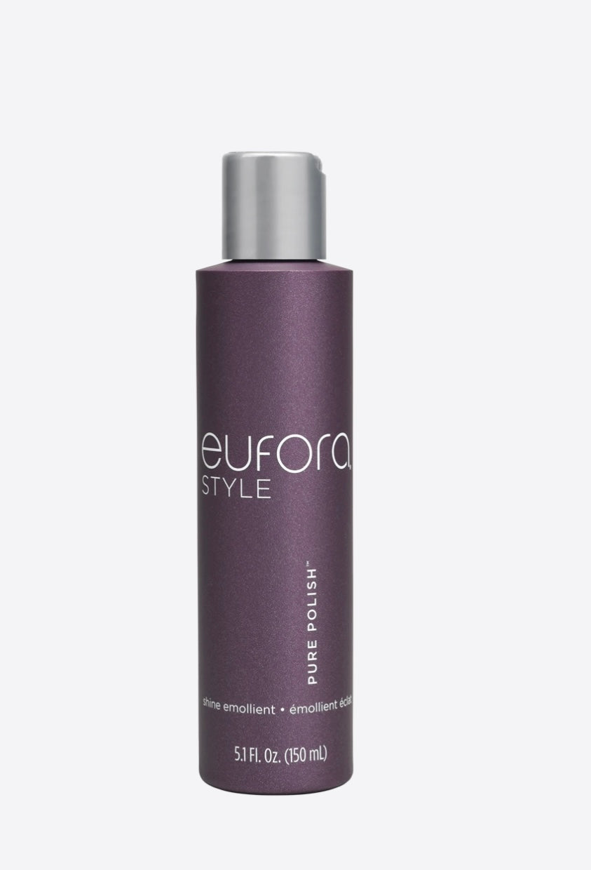 Eufora Pure Polish is a fabulous finishing gloss drop perfected to control frizz and flyaways. Delivers exceptional shine and softness without the greasiness.  Guests love this for its performance and amazing fragrance.
