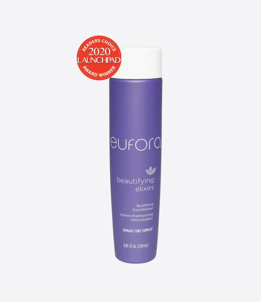 Eufora Beautifying Elixir Bodifying Conditioner. Does your hair need some love and moisture without added weight? This conditioner is for you. Did we mention amazing slip for tangle-free hair?   Unique patented Vibrant Colour Complex and Damage Cure Complex will ensure to rejuvenate your dry, brittle and damaged hair. It delivers soft body and bounce. Also helps keep your colour vibrancy longer. You will love the amazing smell of this conditioner.