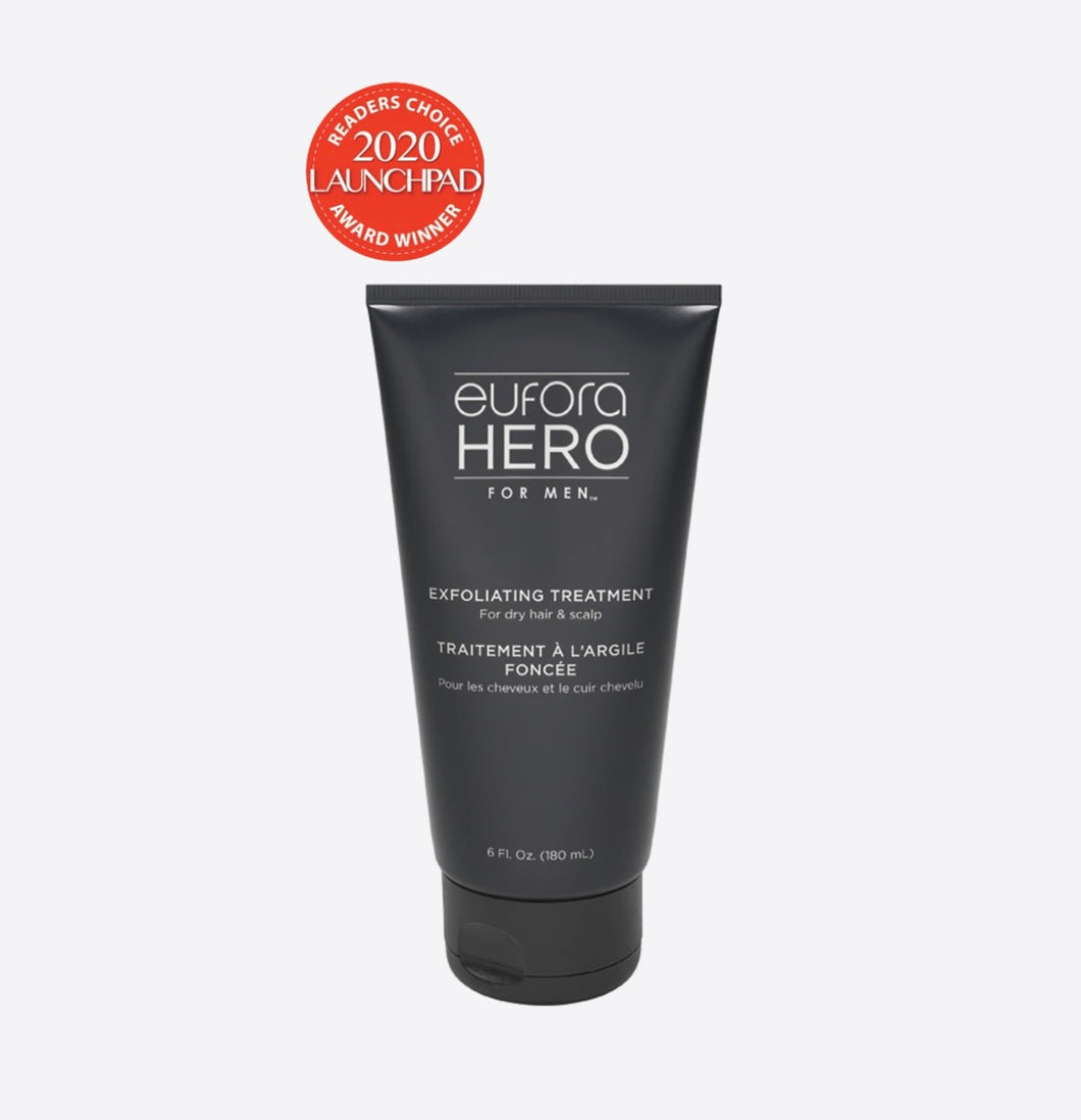 Eufora Hero for men Exfoliating treatment to help soothe irritation, itching and flaky scalp. utilizes finely milled charcoal for gentle exfoliation. Contains Kaolin Clay. 